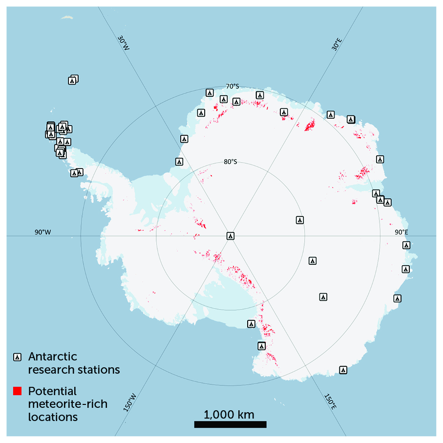 Объединив алгоритм машинного обучения с данными о скорости движения и толщине льда, температуре поверхности, форме породы и уже известных зонах выброса на берег, Толленаар и ее коллеги создали карту из 613 вероятных мест выхода метеоритов на поверхность в Антарктиде